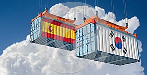 Freight containers with Spain and South Korea flag.