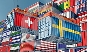 Freight containers with Sweden and Switzerland national flags.