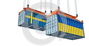 Freight containers with Sweden and Ukraine national flags.