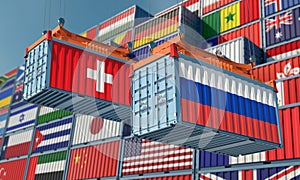 Freight containers with Switzerland and Russia flag.