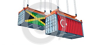 Freight containers with Turkey and Jamaica national flags.