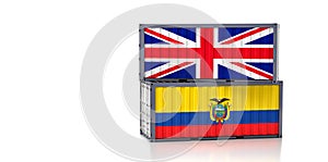 Freight containers with United Kingdom and Ecuador flag.