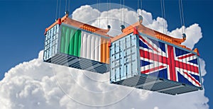 Freight containers with United Kingdom and Ireland national flags.