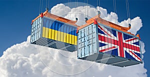 Freight containers with United Kingdom and Ukraine national flags.