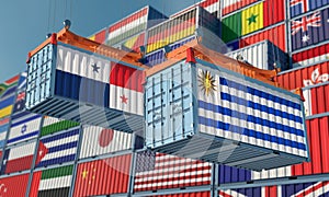 Freight containers with Uruguay and Panama national flags.