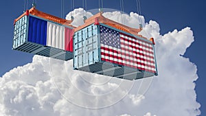 Freight containers with USA and France national flags.