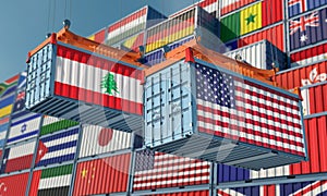 Freight containers with USA and Lebanon flag.