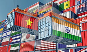 Freight containers with Vietnam and India national flags.