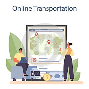 Freight forwarder online service or platform. Loader in uniform delivering