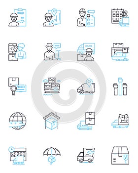 Freight forwarding linear icons set. Shipping, Logistics, Transportation, Cargo, Carrier, Warehousing, Import line