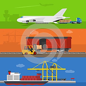 Freight logistics and transportation ways featuring seaway cargo shipping airway freight.