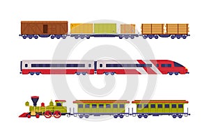 Freight and passenger railway transport set. Cargo and public transportation flat vector illustration