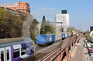 Freight, passenger trains in centre of Manchester