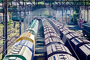 Freight railway cars at the marshalling yard