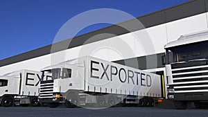 Freight semi truck with EXPORTED caption on the trailer loading or unloading. Road cargo transportation 3D rendering