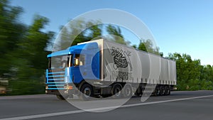 Freight semi truck with Nestle logo driving along forest road. Editorial 3D rendering