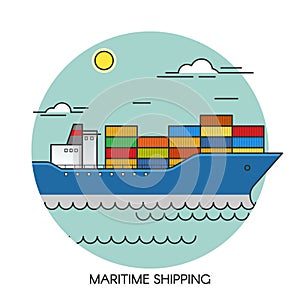Freight ship flat outline concept. Cargo maritime global transport logistics. Transportation by sea.