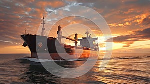 Freight Ship Sailing at Sunset Under Dramatic Sky