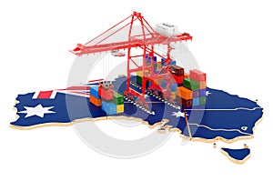 Freight Shipping in Australia concept. Harbor cranes with cargo containers on the Australian map. 3D rendering