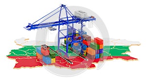 Freight Shipping in Bulgaria concept. Harbor cranes with cargo containers on the Bulgarian map. 3D rendering