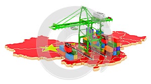 Freight Shipping in China concept. Harbor cranes with cargo containers on the Chinese map. 3D rendering