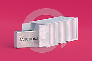 Freight shipping container, suitcase with word sanctions