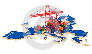 Freight Shipping in the European Union concept. Harbor cranes with cargo containers on the EU map. 3D rendering