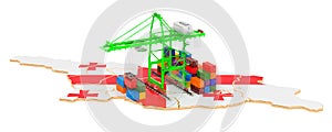 Freight Shipping in Georgia concept. Harbor cranes with cargo containers on the Georgian map. 3D rendering