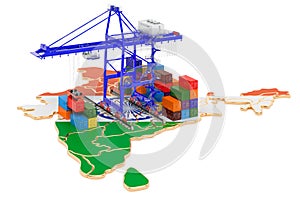 Freight Shipping in India concept. Harbor cranes with cargo containers on the Indian map. 3D rendering