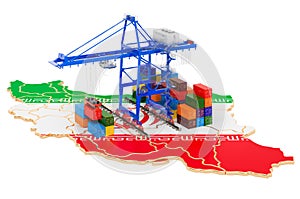 Freight Shipping in Iran concept. Harbor cranes with cargo containers on the Iranian map. 3D rendering