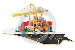 Freight Shipping in Iraq concept. Harbor cranes with cargo containers on the Iraqi map. 3D rendering