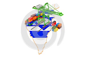 Freight Shipping in Israel concept. Harbor cranes with cargo containers on the Israeli map. 3D rendering