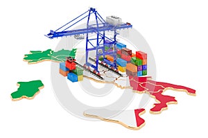 Freight Shipping in Italy concept. Harbor cranes with cargo containers on the Italian map. 3D rendering