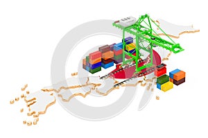 Freight Shipping in Japan concept. Harbor cranes with cargo containers on the Japanese map. 3D rendering