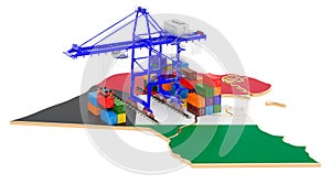 Freight Shipping in Kuwait concept. Harbor cranes with cargo containers on the Kuwait map. 3D rendering