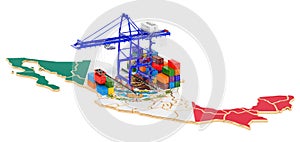 Freight Shipping in Mexico concept. Harbor cranes with cargo containers on the Mexican map. 3D rendering