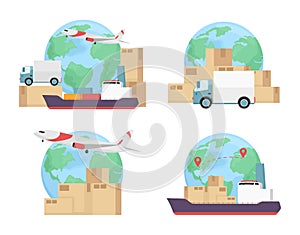 Freight shipping modes flat concept vector illustration set