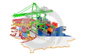 Freight Shipping in Serbia concept. Harbor cranes with cargo containers on the Serbian map. 3D rendering