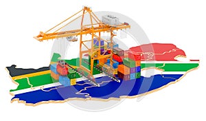 Freight Shipping in South Africa concept. Harbor cranes with cargo containers on the South African map. 3D rendering