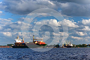 Freight traffic on the river in containers