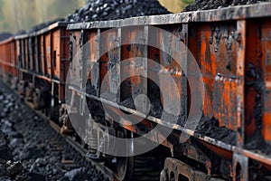 A freight train car laden with coal is on the railway tracks