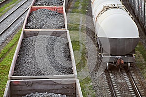 Freight train with cargo cars transporting coal, wood, fuel