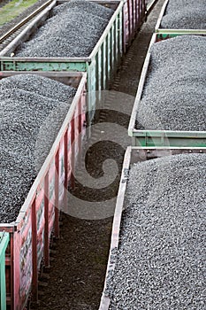 Freight train with cargo cars transporting coal, wood, fuel