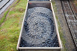 Freight train with cargo cars transporting coal, wood, fuel