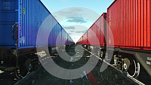 Freight train with cargo containers. Logystic concept. Realistic cinematic 4k animation.