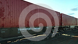 Freight train with cargo containers. Logystic concept. Realistic cinematic 4k animation.