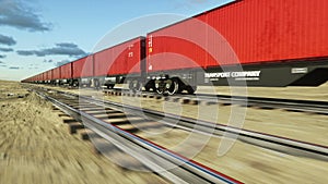 Freight train with cargo containers. Logystic concept. Realistic cinematic 4k animation.