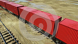 Freight train with cargo containers. Logystic concept. Realistic cinematic 4k animation.