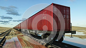 Freight train with cargo containers. Logystic concept. Realistic cinematic 4k animation.