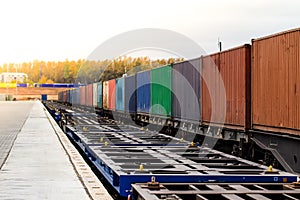 Freight train. Cargo containers transportation by railway.